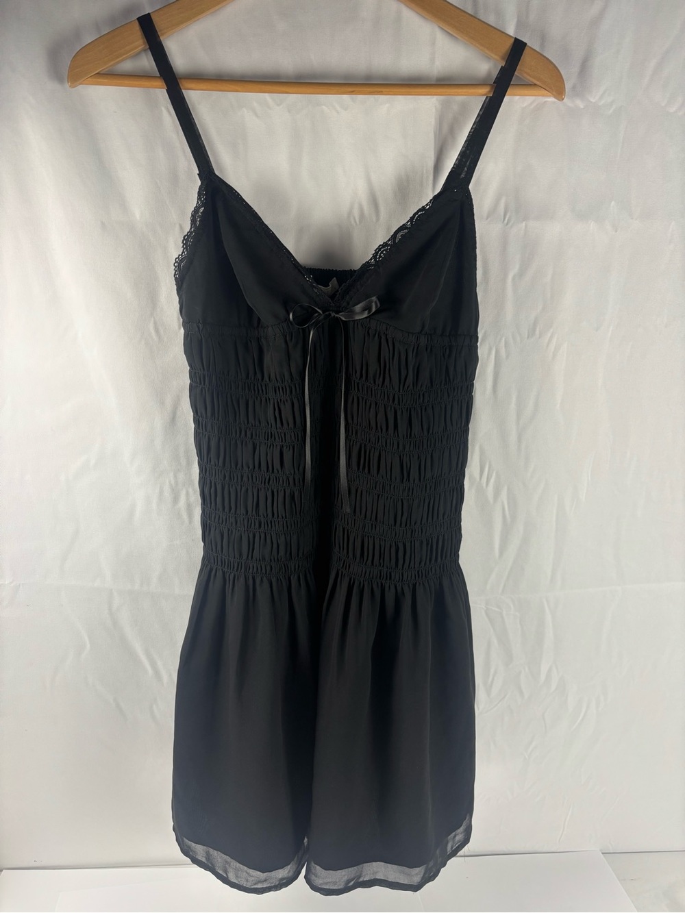Full Tilt Black Smocked Mini Romper with Lace Trim